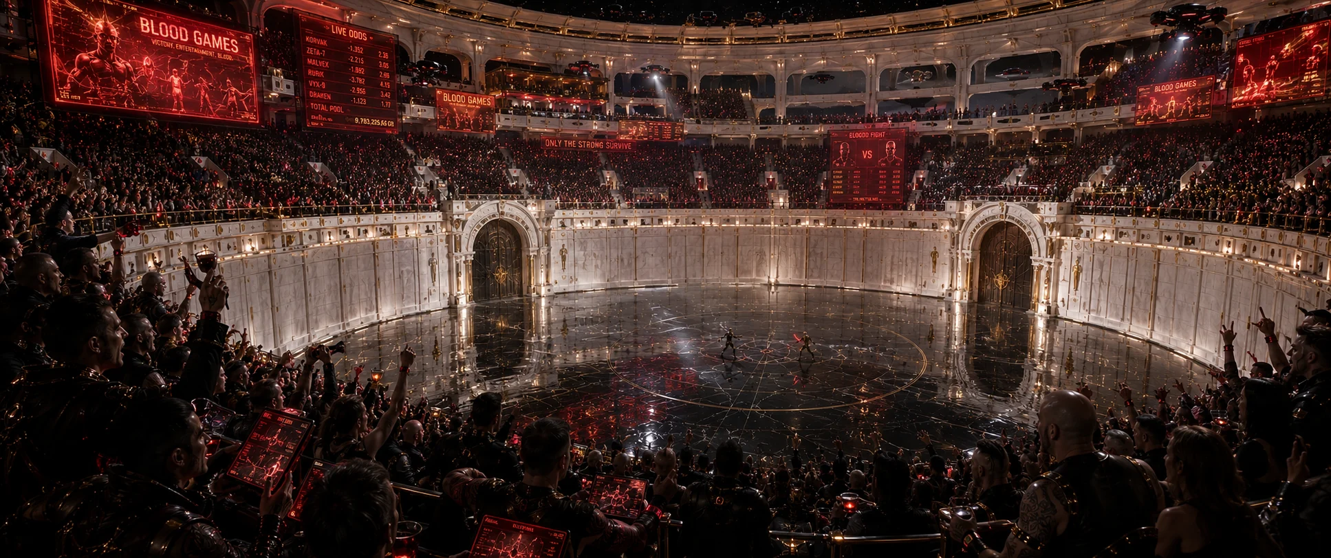 Blood Games arena interior with vampire crowds and red screens
