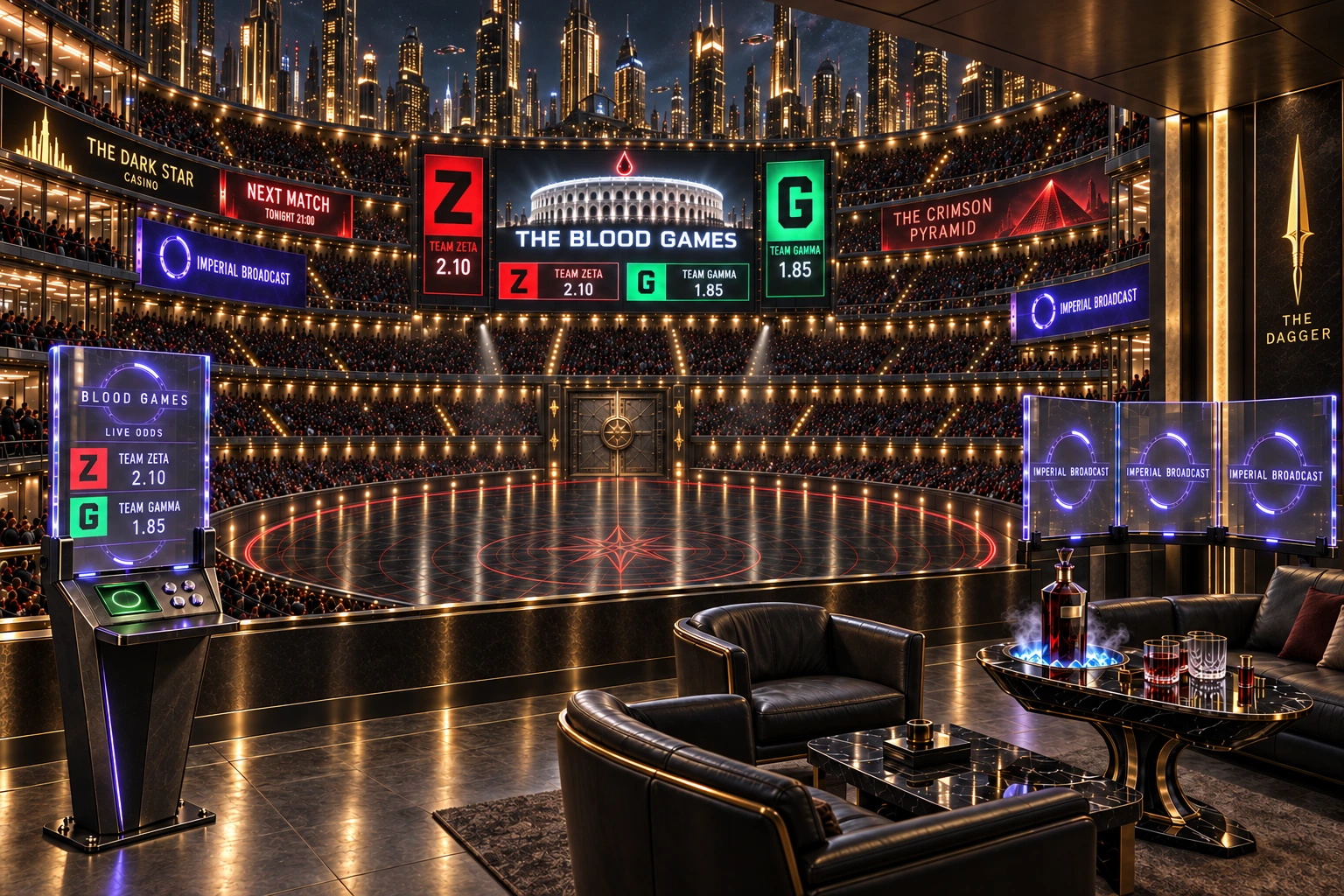 The Colosseum seen from a luxury box — leather seats and betting terminals above the empty fighting floor, the odds boards lit for the next match
