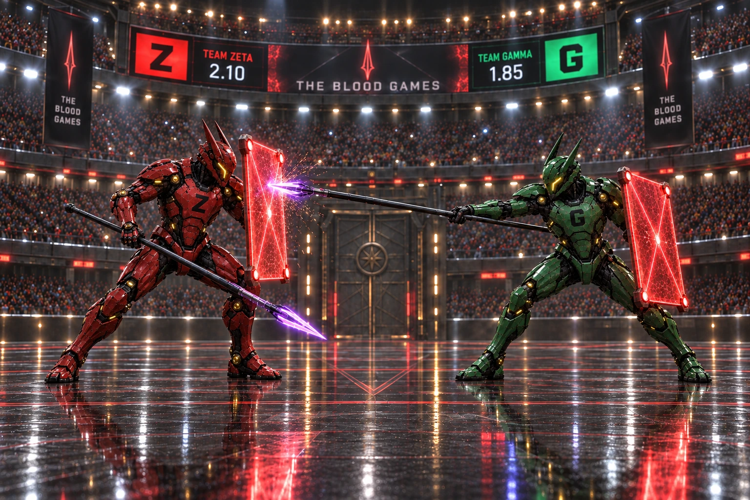 Two armored Bloodletters — Zeta in red, Gamma in green — clash with violet pikes and red hard-light shields on the arena floor