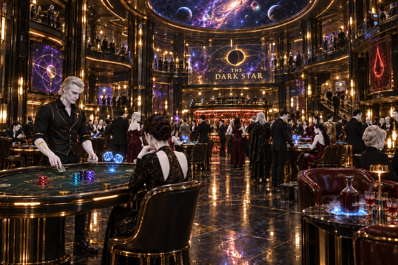 The Dark Star gaming floor — a Provak dealer at the table, the black-and-gold hall beyond