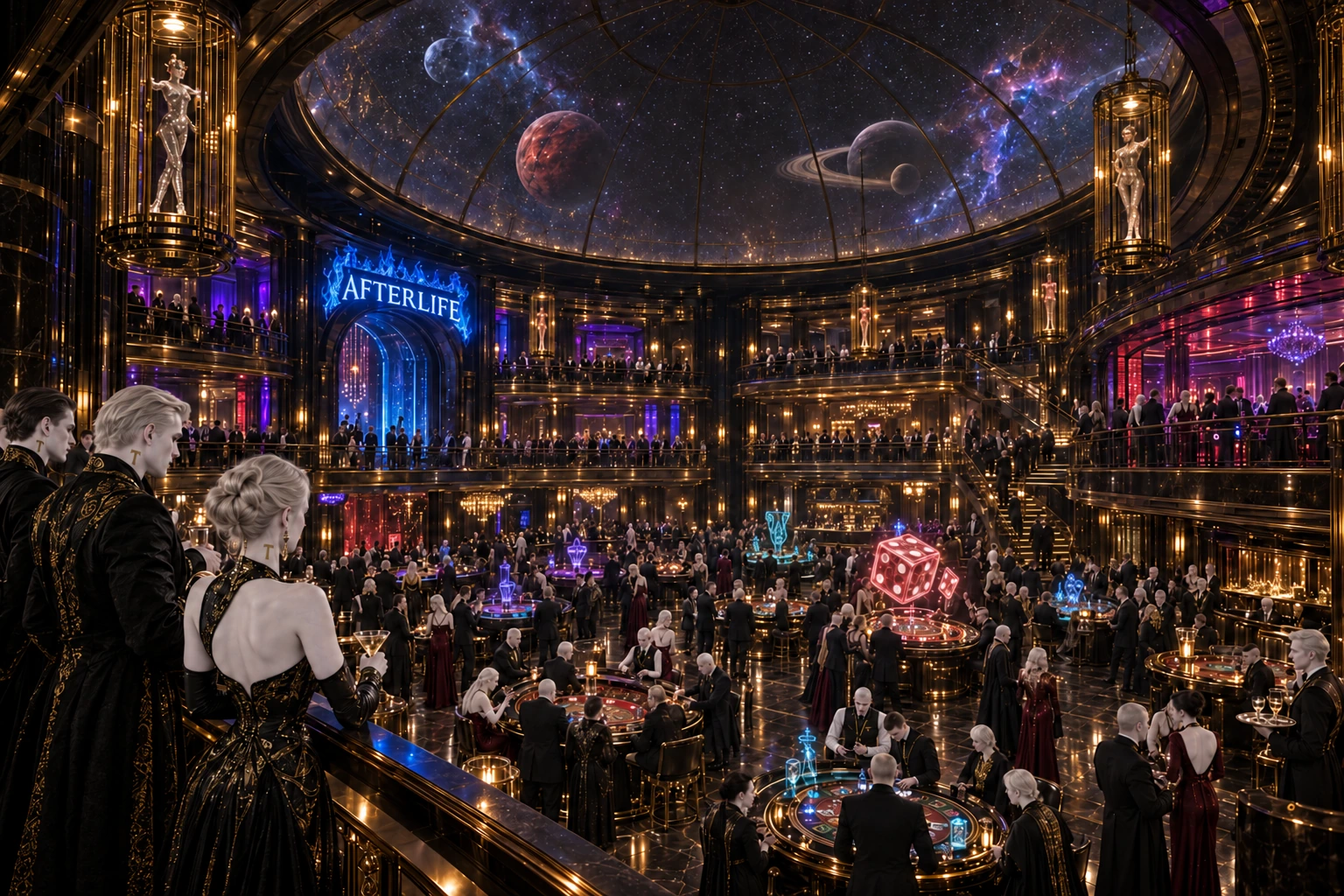 The Dark Star hotel atrium — gaming floors beneath a projected planetary dome, pale Provak guests with gold hammer neck markings