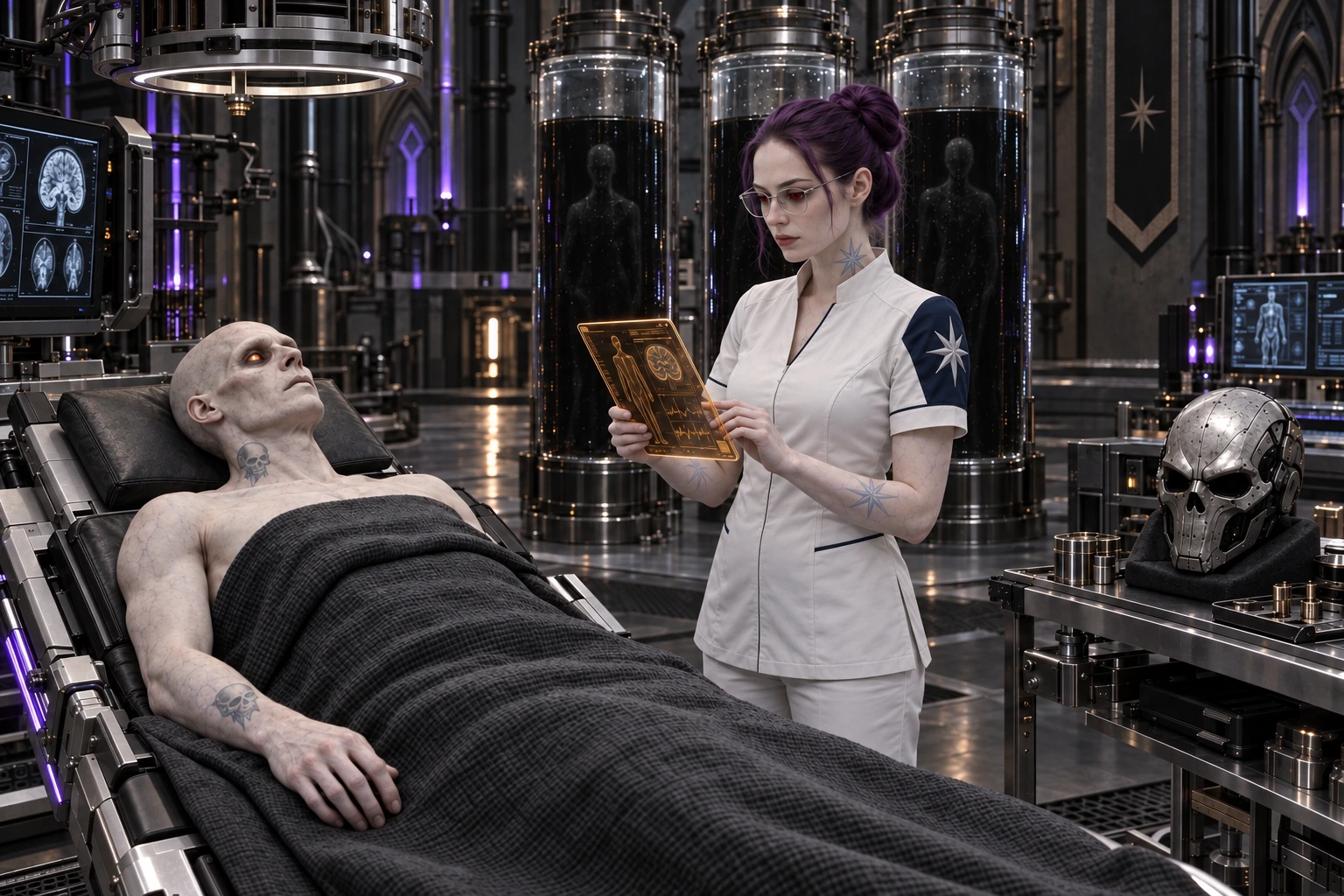 A Veisik Necromancer monitoring a reclining Death Head under construction