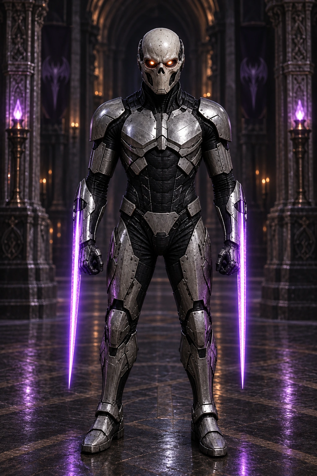 A completed Death Head — skull helmet, orange mechanical eyes, violet forearm blades