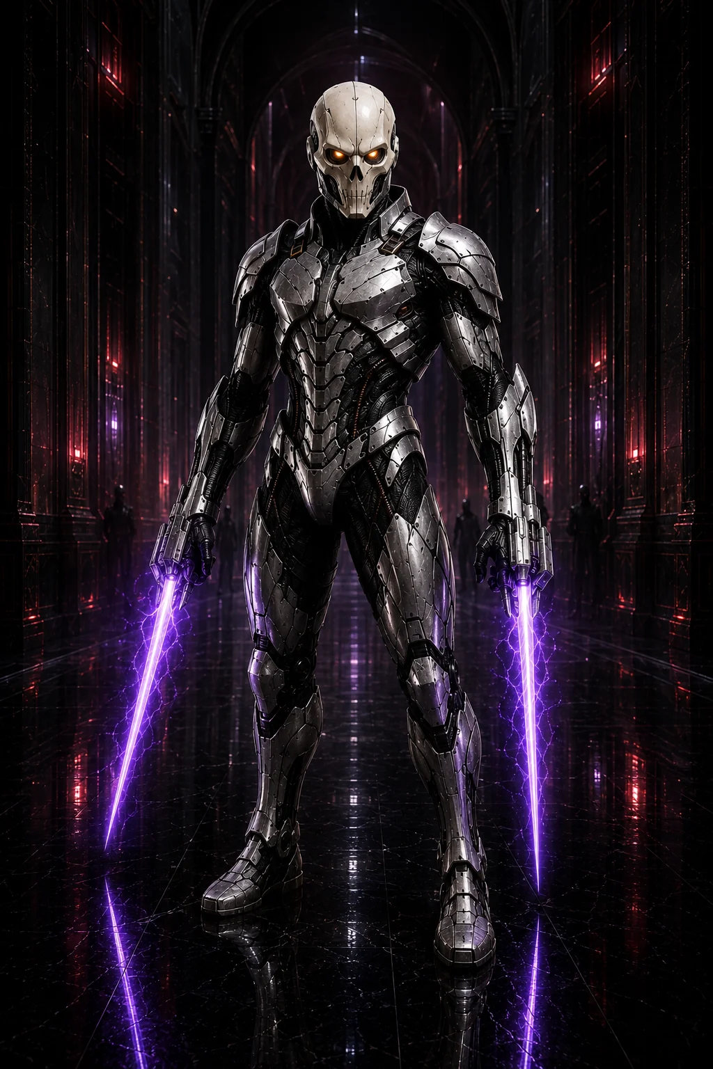 Death Head terror soldier in silver armor with skull helmet and purple wrist blades