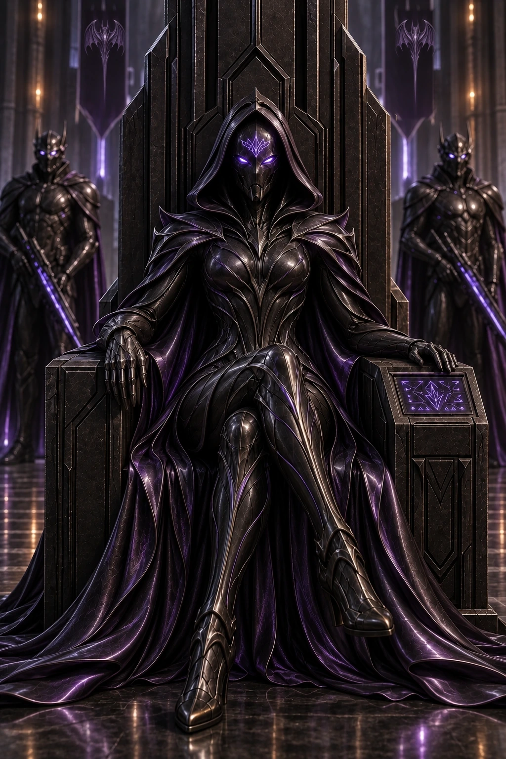 The masked Empress seated upon her throne beneath Draconi tapestries