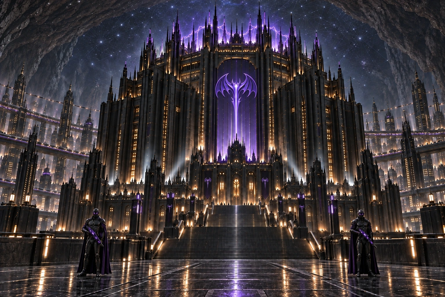 The immense ribbed palace of Grelock, dozens of black spires crowned in violet lightning