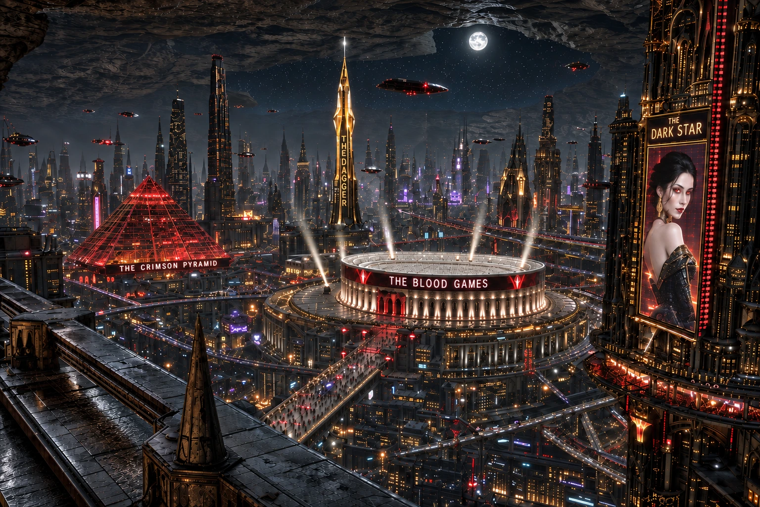 The neon-lit city of Vicestatt with the colossal white Colosseum at its heart, ringed by casinos, a crimson pyramid and the golden Dagger spire