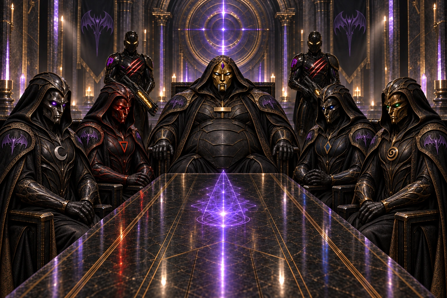 Five masked Imperial councilors at a black table, two armored gold-livery Praetorians behind them and purple Draconi bats on black tapestries