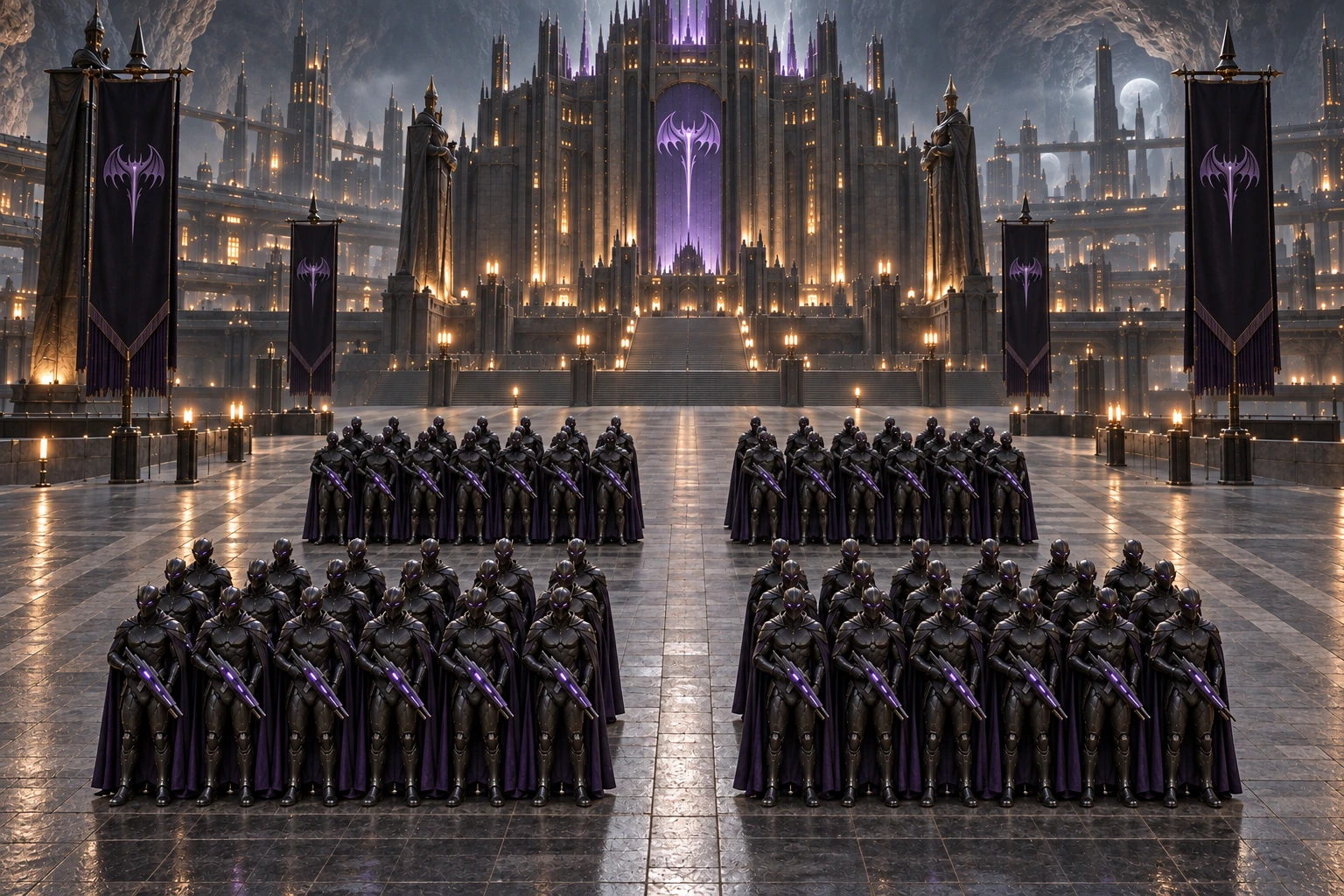 Imperial Guard in four formation blocks before the palace, banners raised