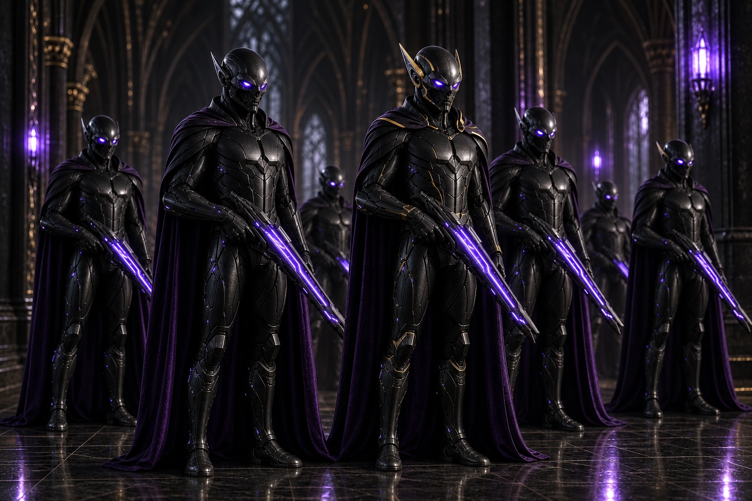 Imperial Guards in the inner palace hall, skull-helms and violet rifles catching the light