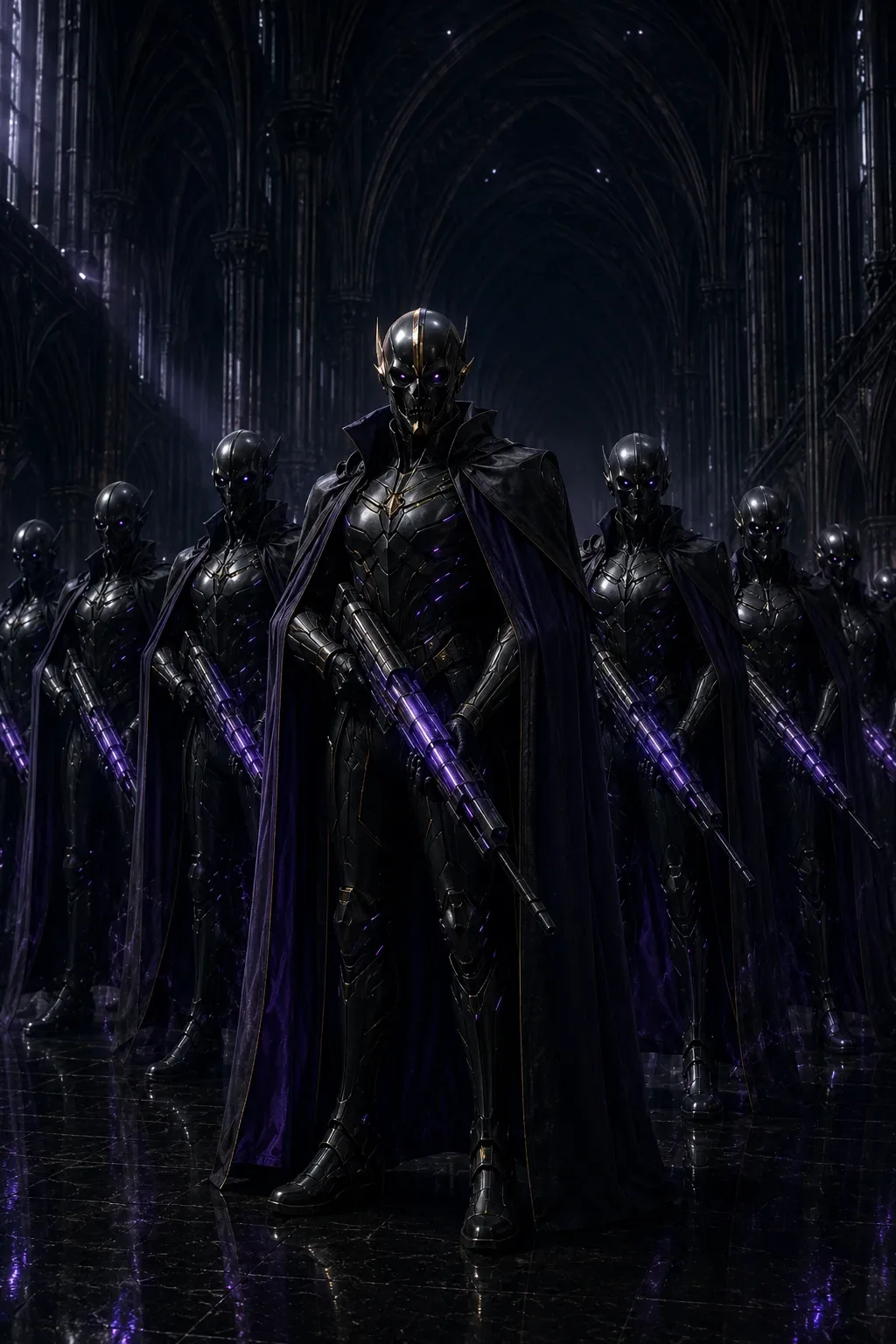 Imperial Guard soldiers in black armor and cloaks wielding purple-energy rifles inside a gothic hall