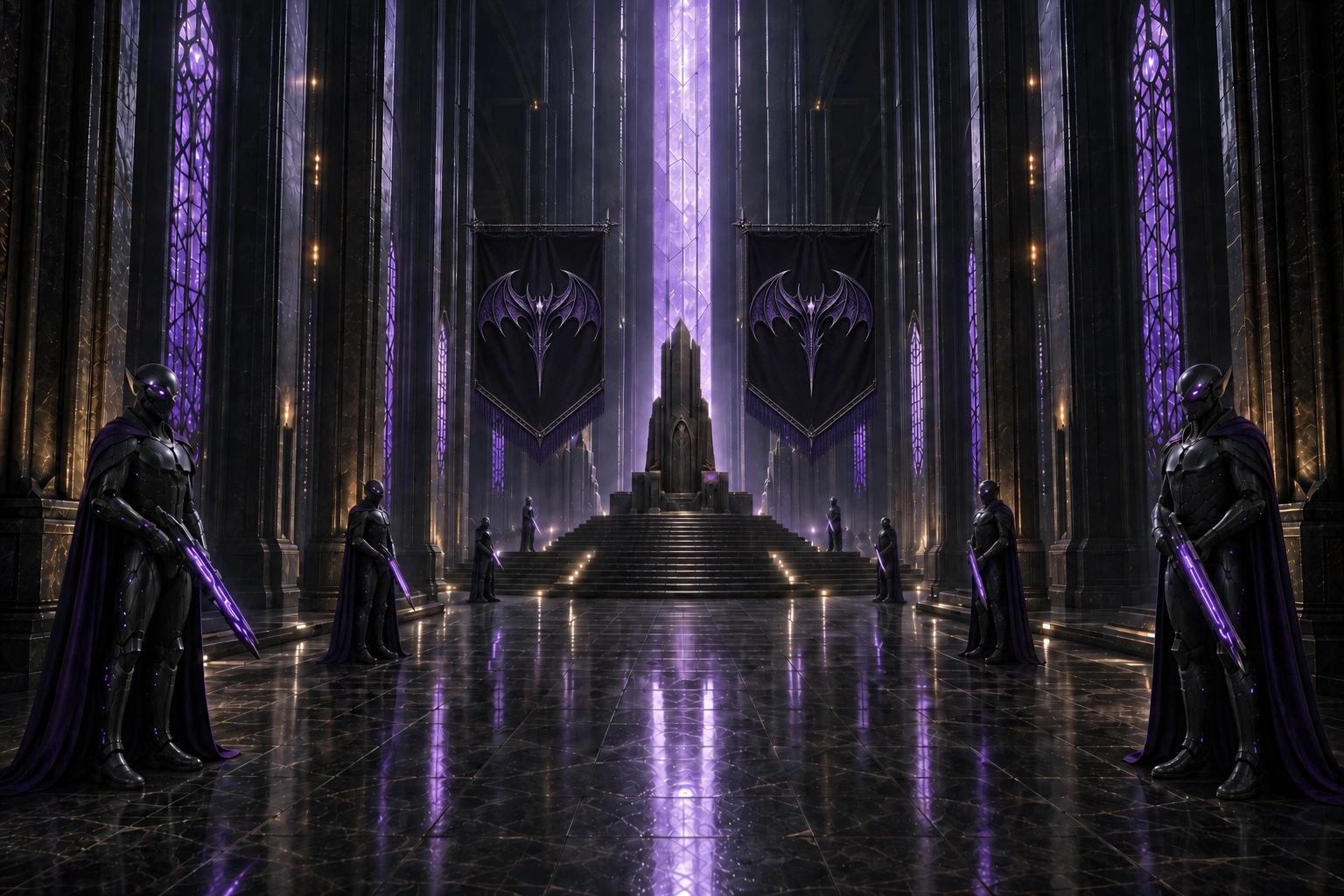 The empty imperial throne on its stepped dais between violet-lit pillars, tall purple Draconi bat tapestries flanking the steps and caped Imperial Guard at watch