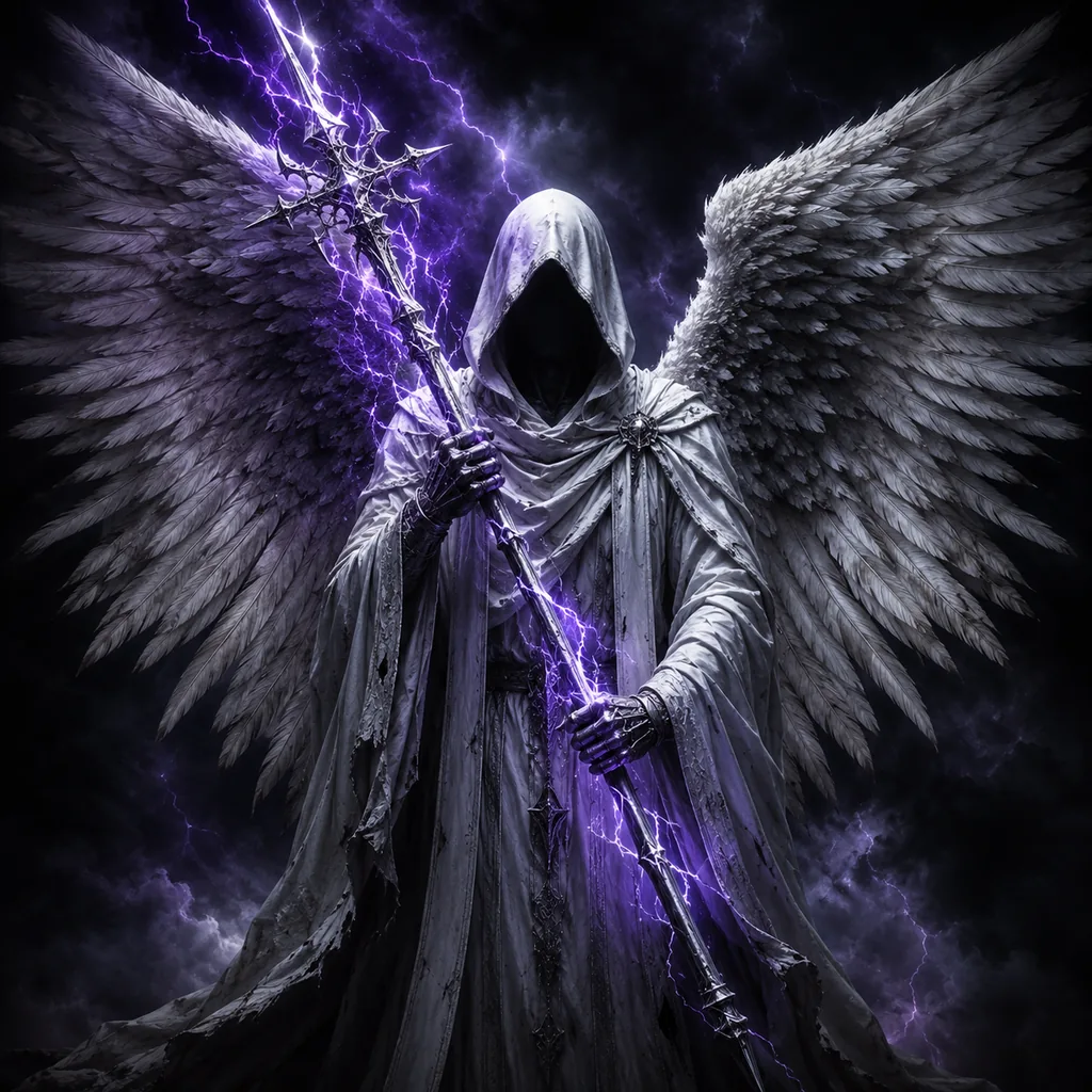 A hooded, faceless angel wielding a spear of violet lightning