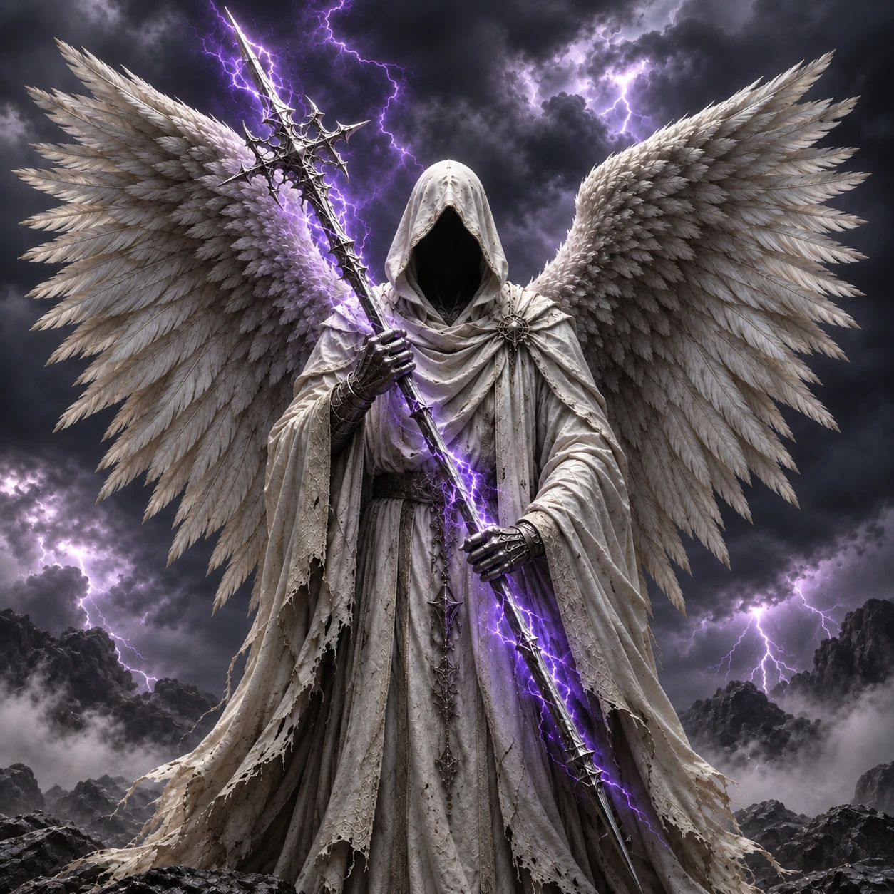 A hooded, faceless angel with feathered wings wielding a spear of violet lightning