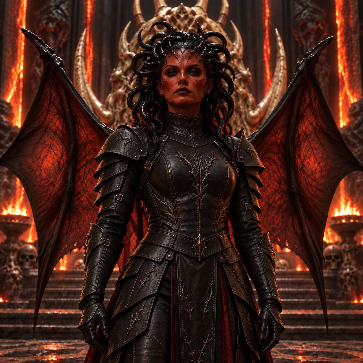 A red-skinned, bat-winged demon general crowned with horns before a throne