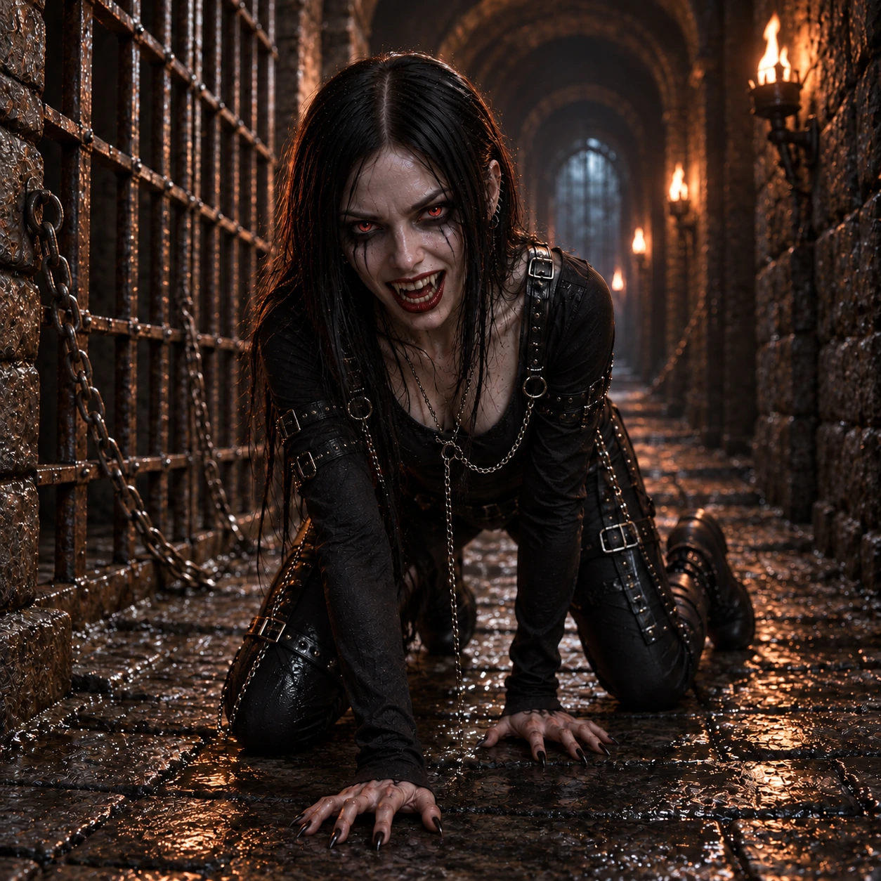 A feral vampire girl with bloodthirsty eyes crawling through a chained dungeon corridor