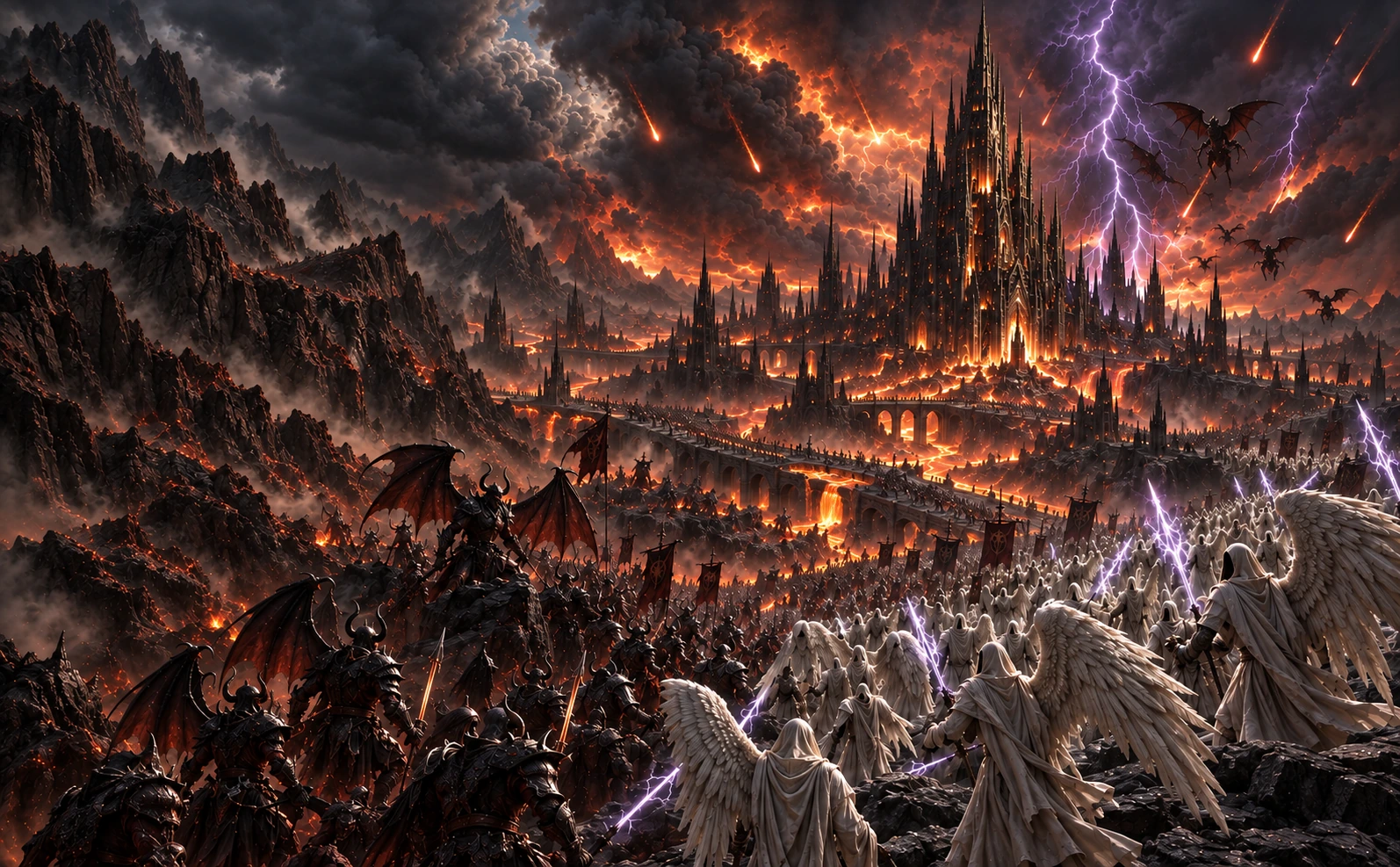 Legions of angels and demons at war beneath a burning citadel and volcano