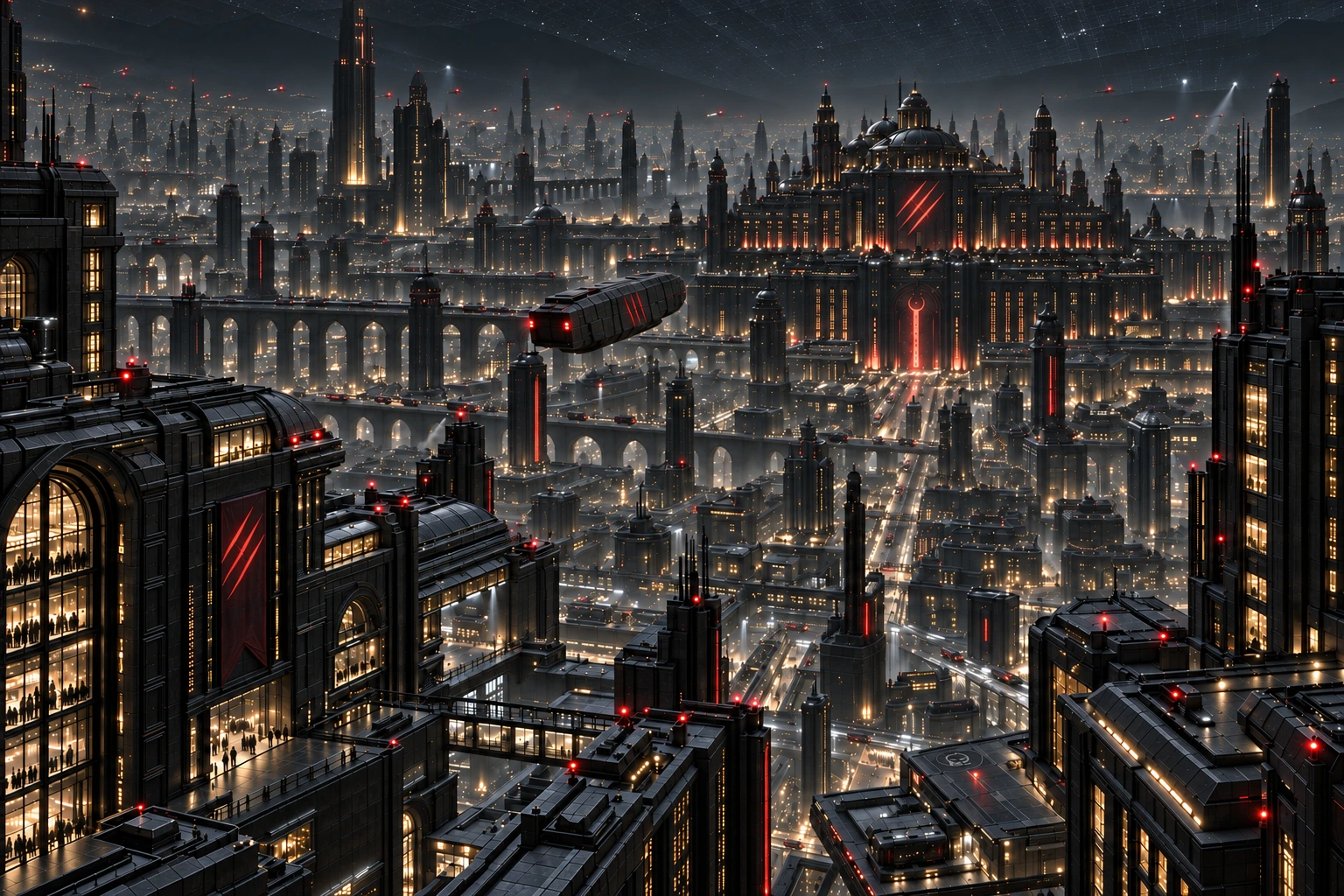 The black war city of Kronos from above — fortress walls, colonnades and parade grounds in red seam-light