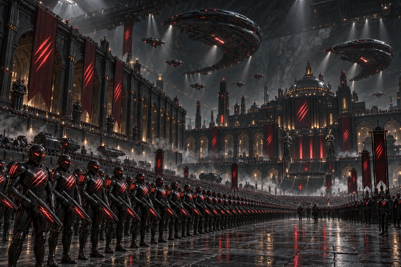 Legions of House Sabre mustered in the parade ground of Kronos — arched colonnades hung with blood-stripe banners, the domed citadel beyond and crescent fighters crossing the cavern roof