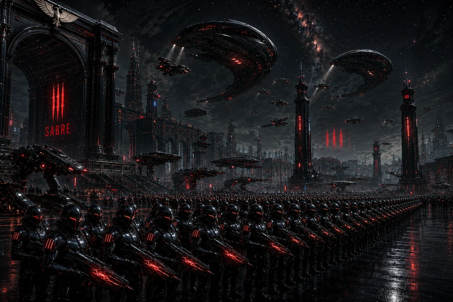Legions of House Sabre mustered in parade ranks before the gates of Kronos