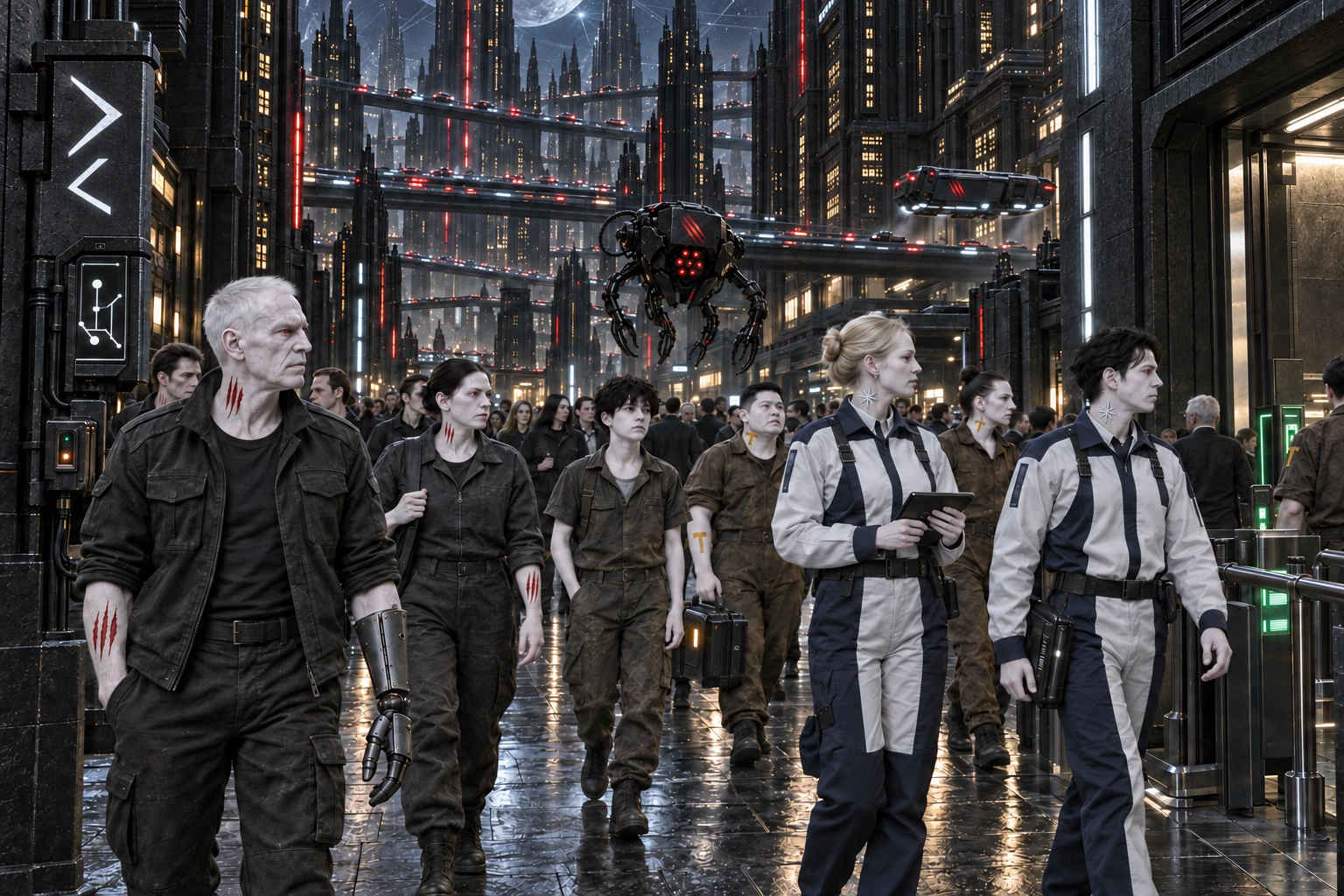 Street level in Kronos — a mixed crowd of Sabre, Provak and Veisik citizens on a black thoroughfare, a sentinel drone above