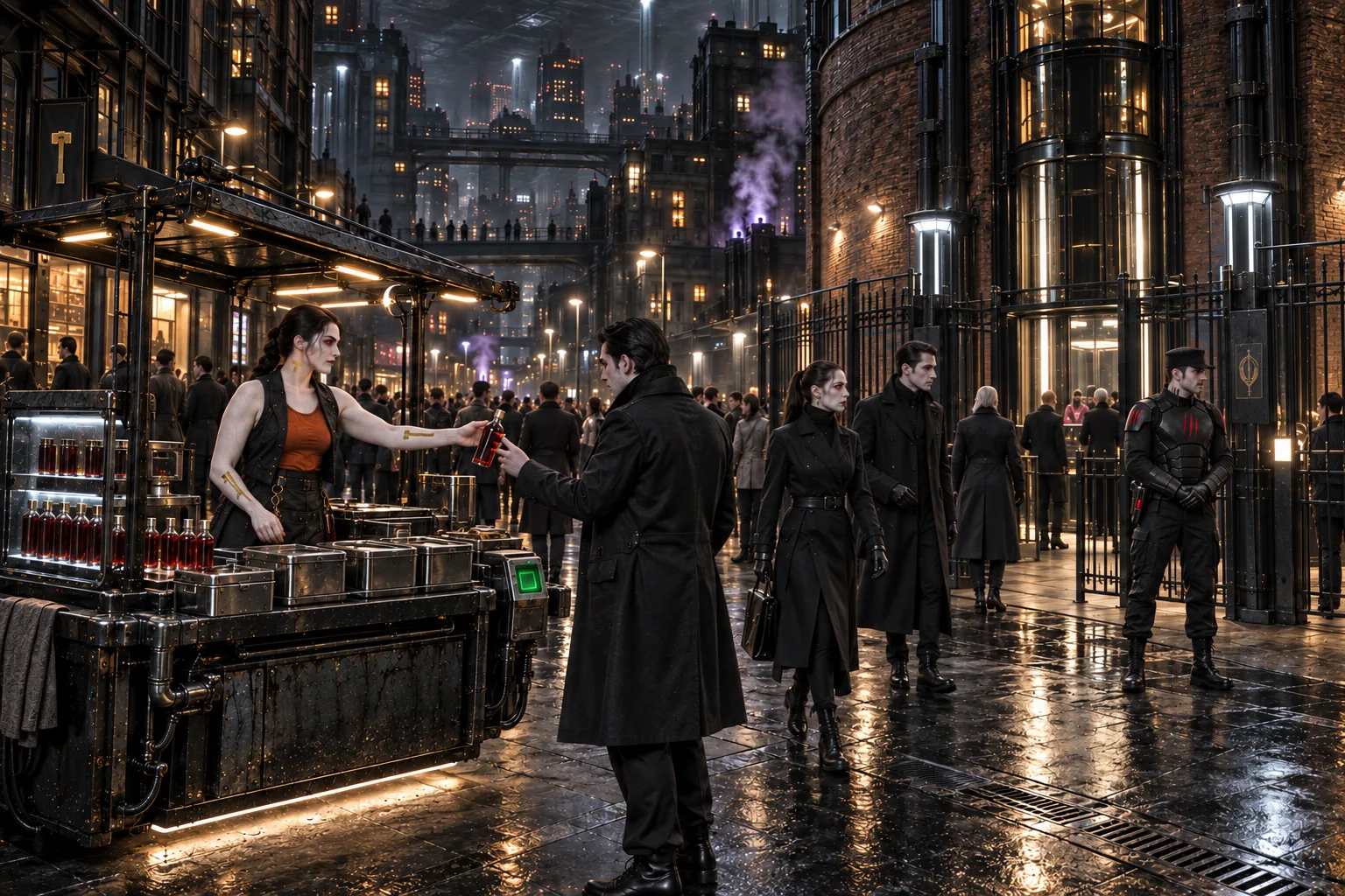 A street in Le Pari beside the brick-ringed lift shaft — a lit glass car behind iron railings, a Sabre trooper on watch and pale citizens in long coats passing a blood vendor's cart