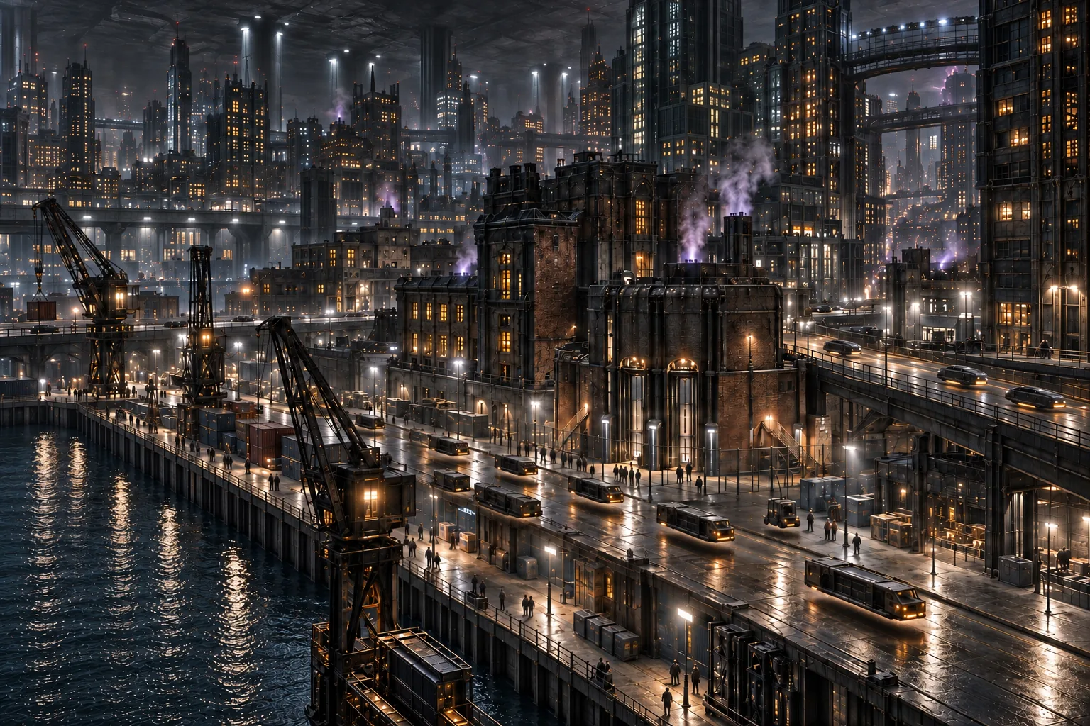 The port city of Le Pari — corroded iron piers along dark water, dock cranes and brick warehouses patched with black glass, stacks breathing violet steam beneath an artificial night