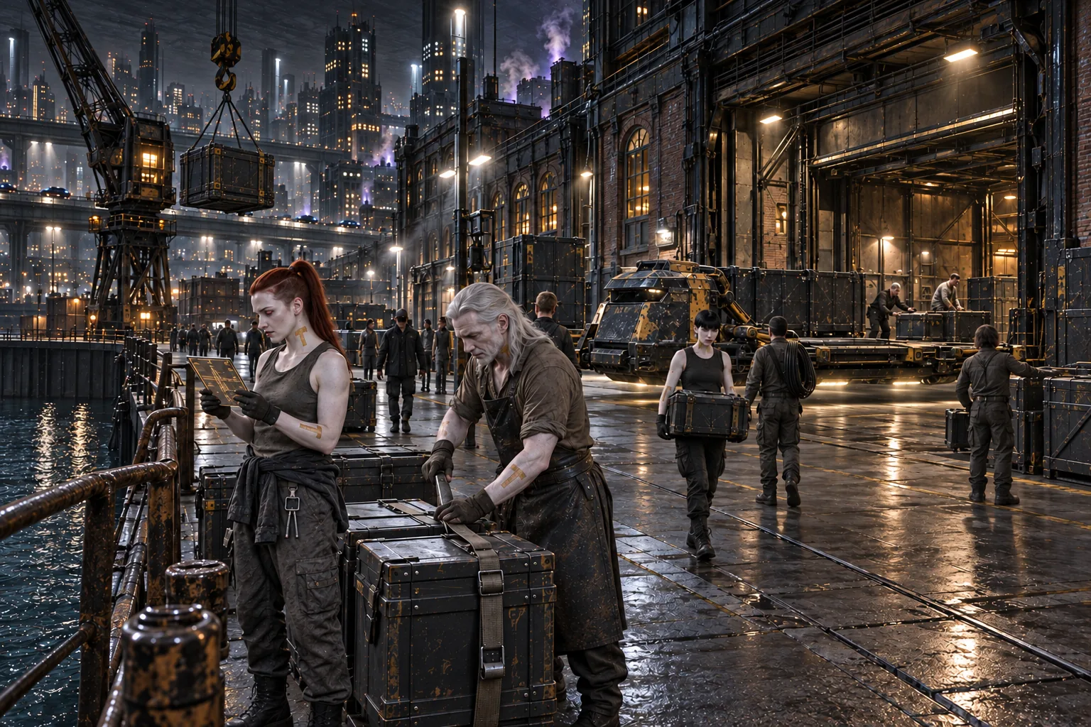 Dockhands on the Le Pari quays strapping freight crates beside the water, gold Provak hammer marks on their arms and a crane lowering cargo behind them