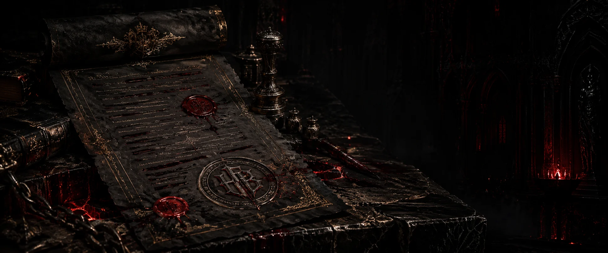 Hell Forged Books record on a dark archive desk