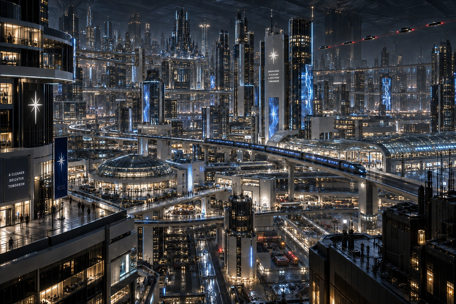 The laboratory city of Novacrypt — glass towers hung with white star banners, skybridges and a blue-lit train