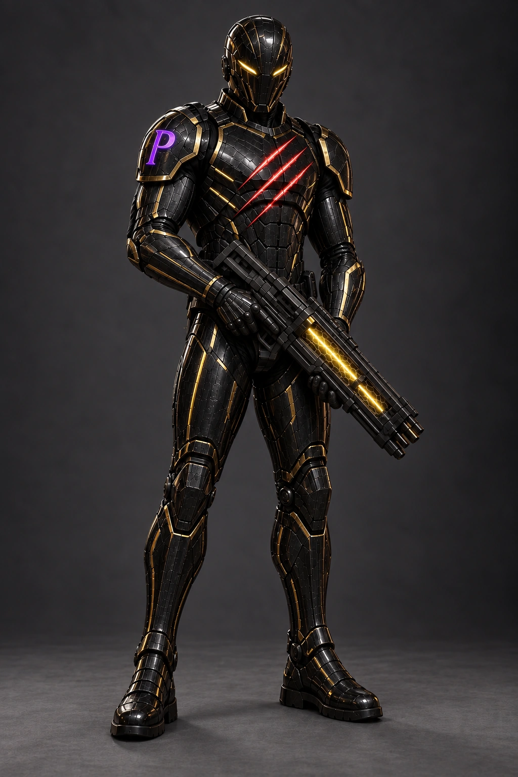 A Praetorian in full black armor with gold trim and gold-lit rifle, the violet P on the shoulder and three red slashes across the chest