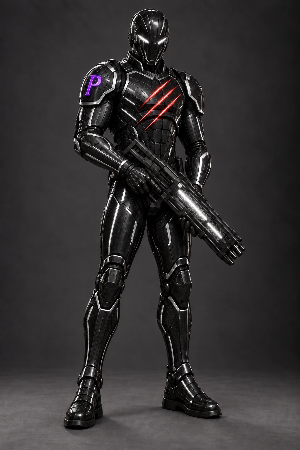 A Praetorian in full black armor with silver trim and white-lit rifle, the violet P on the shoulder and three red slashes across the chest