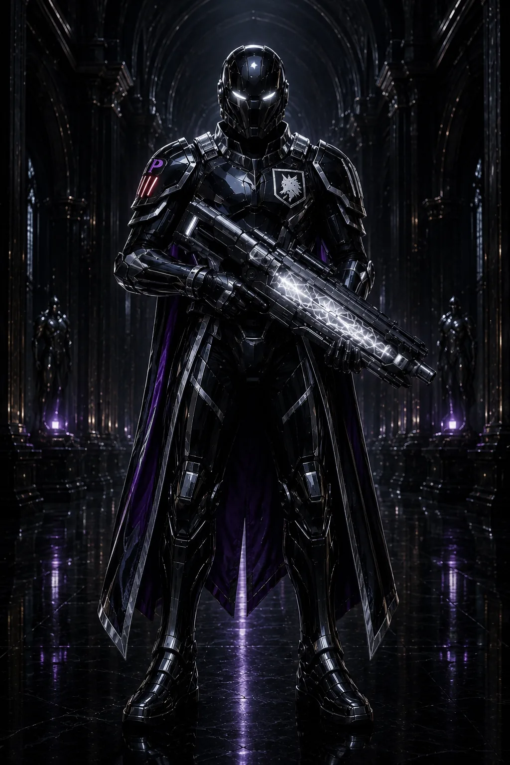 A Praetorian in silver-marked black armor with a white-energy rifle