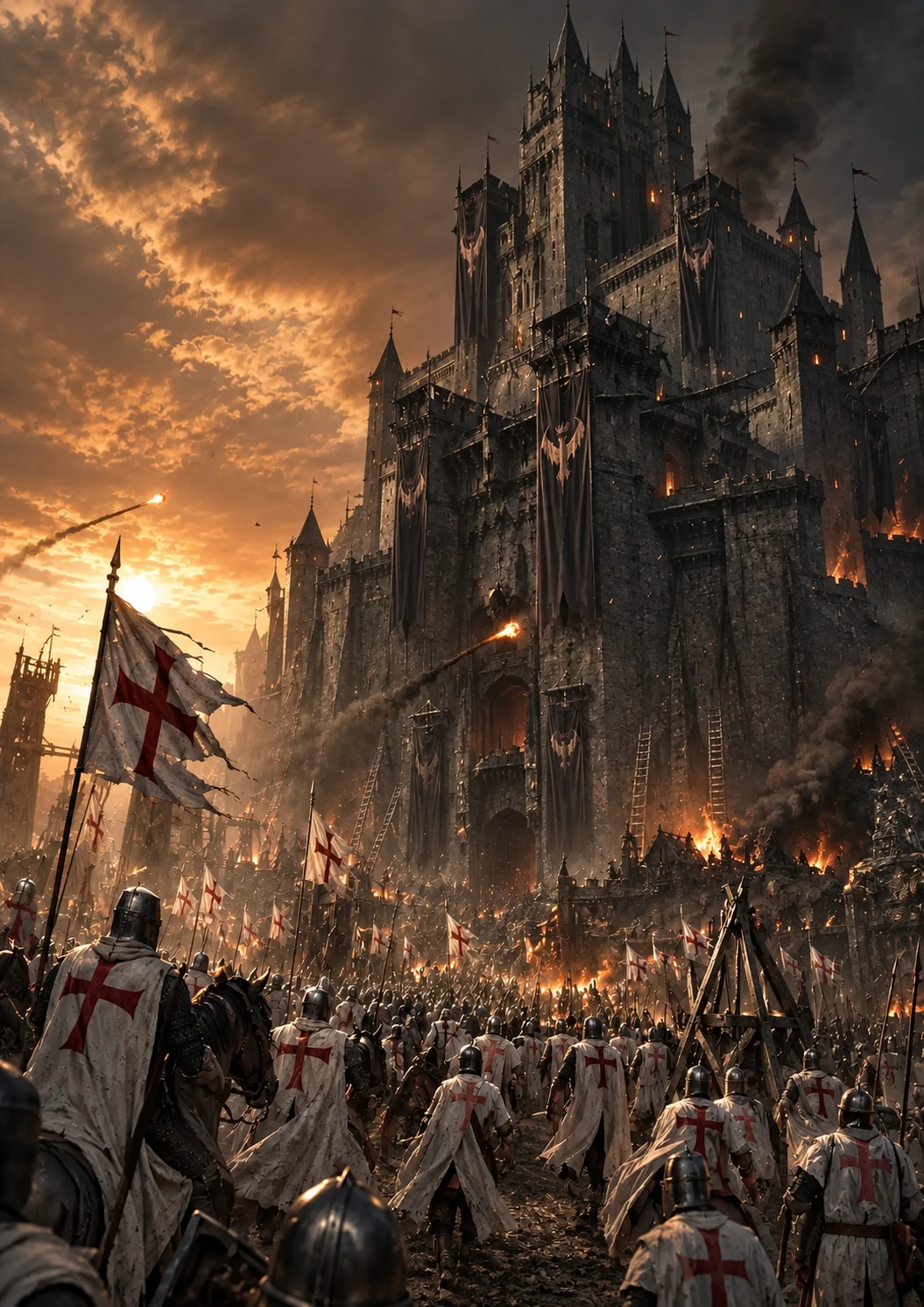 Templar crusaders in white tunics with red crosses storming Castle Dracula beneath a burning sky, 1466