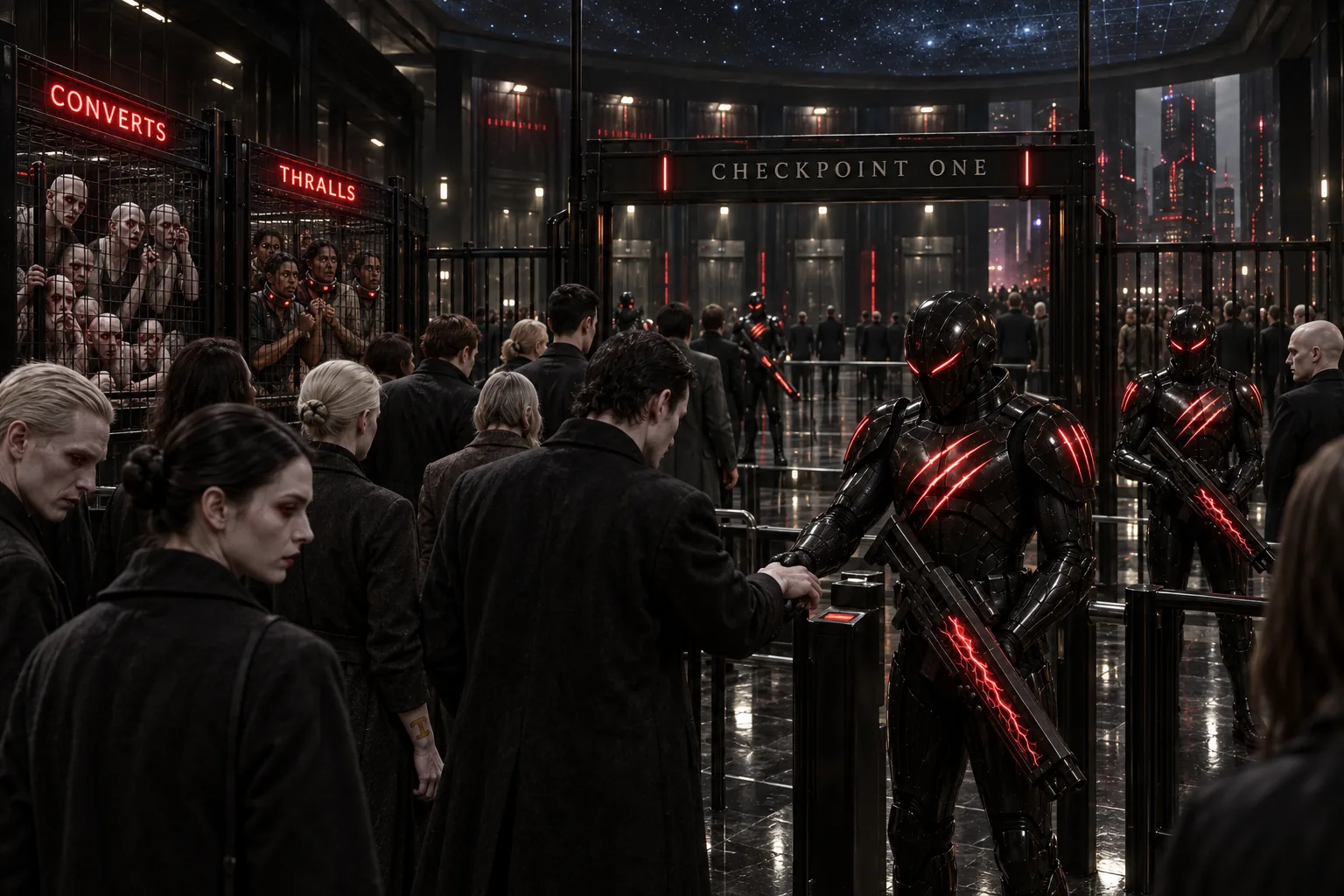 Customs Checkpoint One in Purgatory — pale new arrivals queue at the scanners while caged holding pens signed CONVERTS and THRALLS stand behind them, human Thralls in red-lit collars, and Sabre troopers in black armor with three red slashes and red-energy rifles watch beneath a projected star field