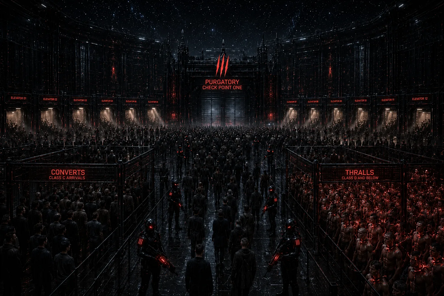 Checkpoint One in Purgatory — Converts and Thralls sorted into holding pens beneath the elevator bank