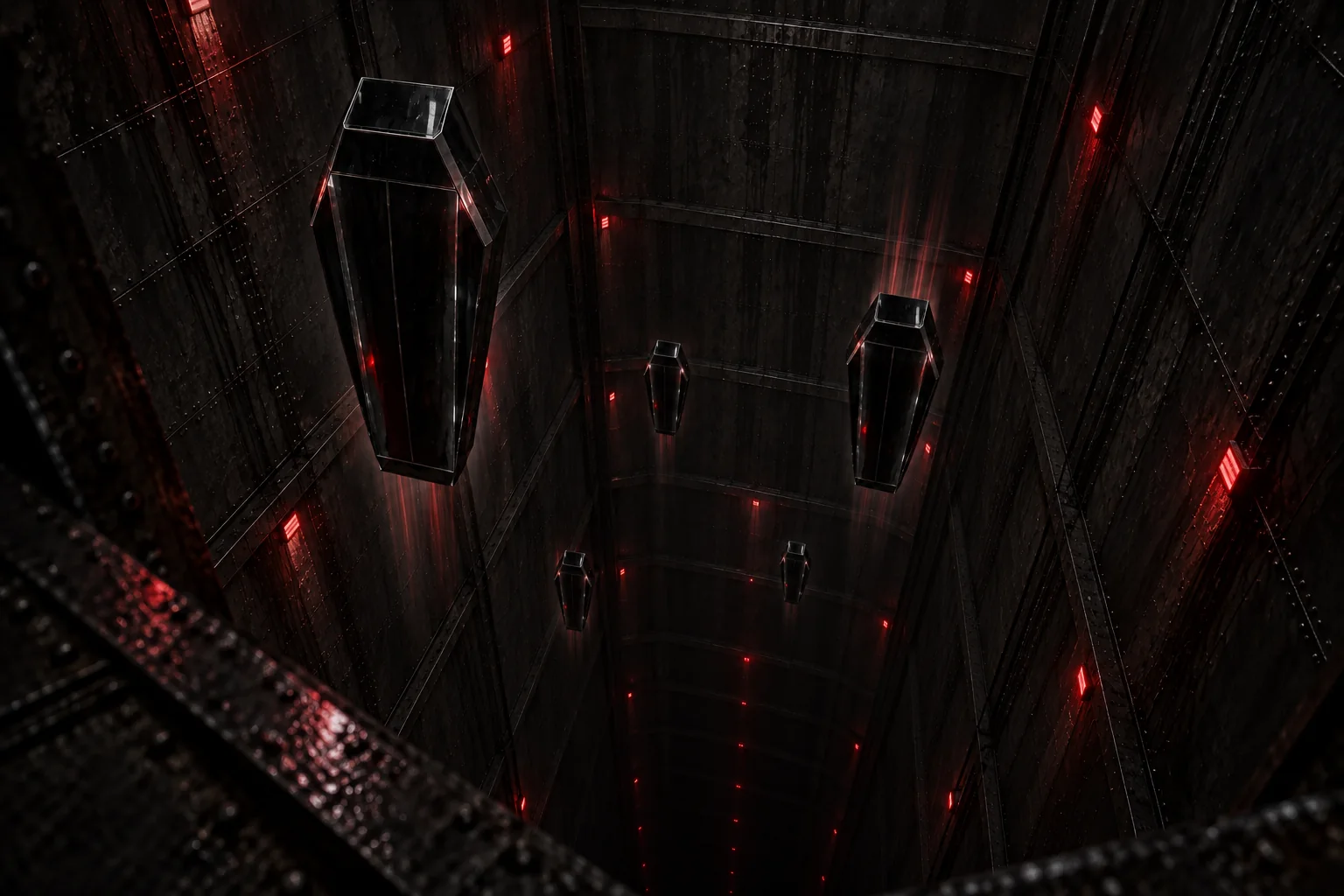 The descent shaft beneath Purgatory — a square riveted black shaft lit by red maintenance strips, five sealed black-glass coffin capsules suspended at staggered depths, their motion trails running both up and down
