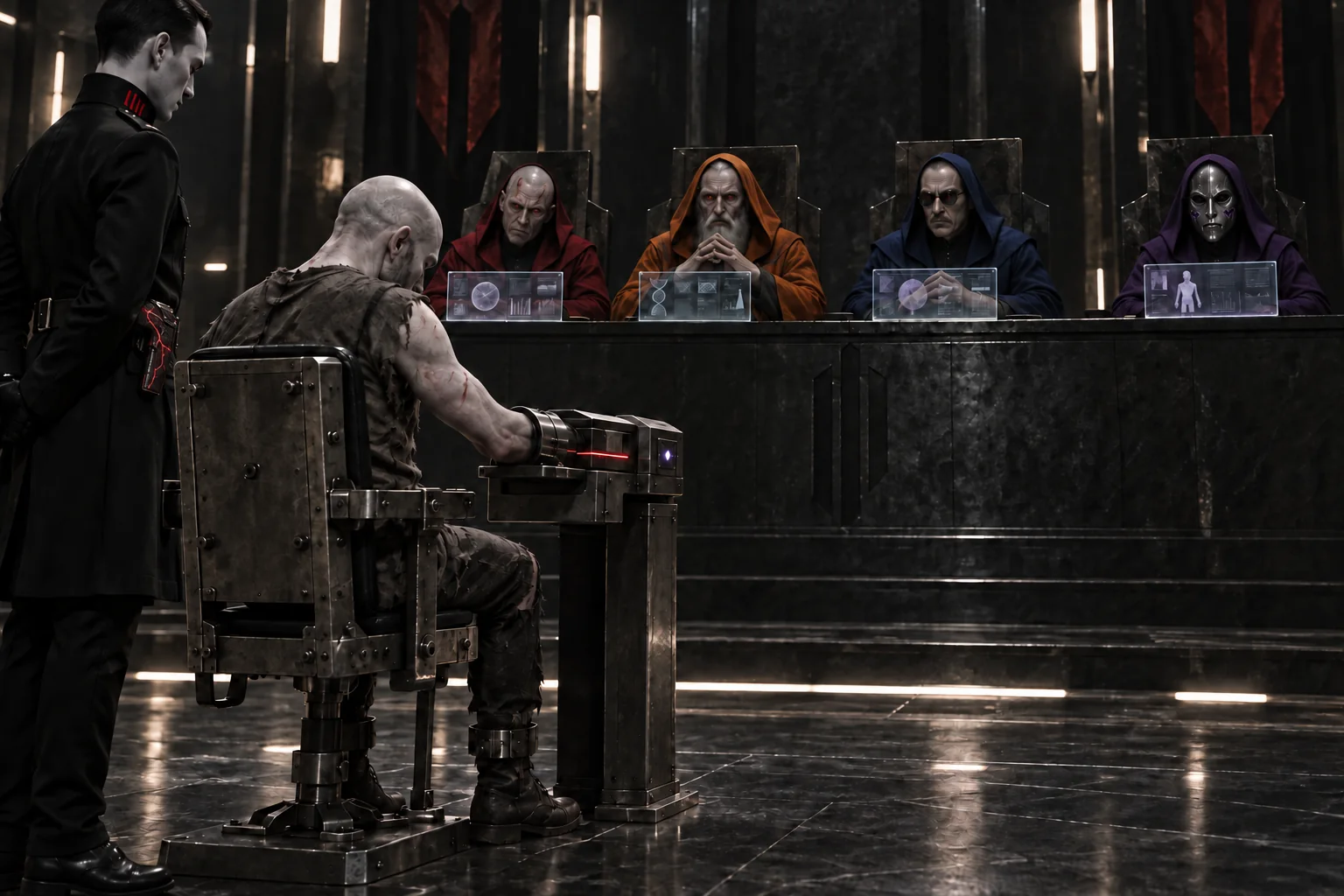 The Hemochron examination in Purgatory — a restrained Convert's wrist locked into the blood reader while four robed officials in red, orange, blue and purple study the results, the purple-robed Draconi behind a sculpted metal vampire mask with purple bat cheek markings, a uniformed Sabre attendant with a crimson-veined plasma sidearm at his shoulder