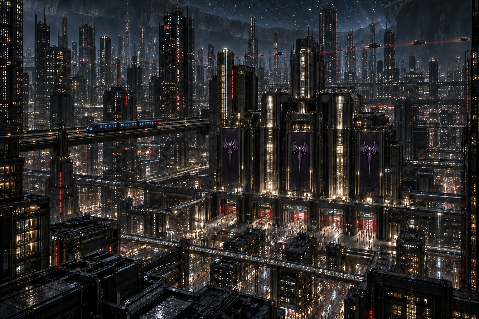 A wide shot of the processing city of Purgatory — elevator banks, a three-car train on its guideway, and the artificial sky above