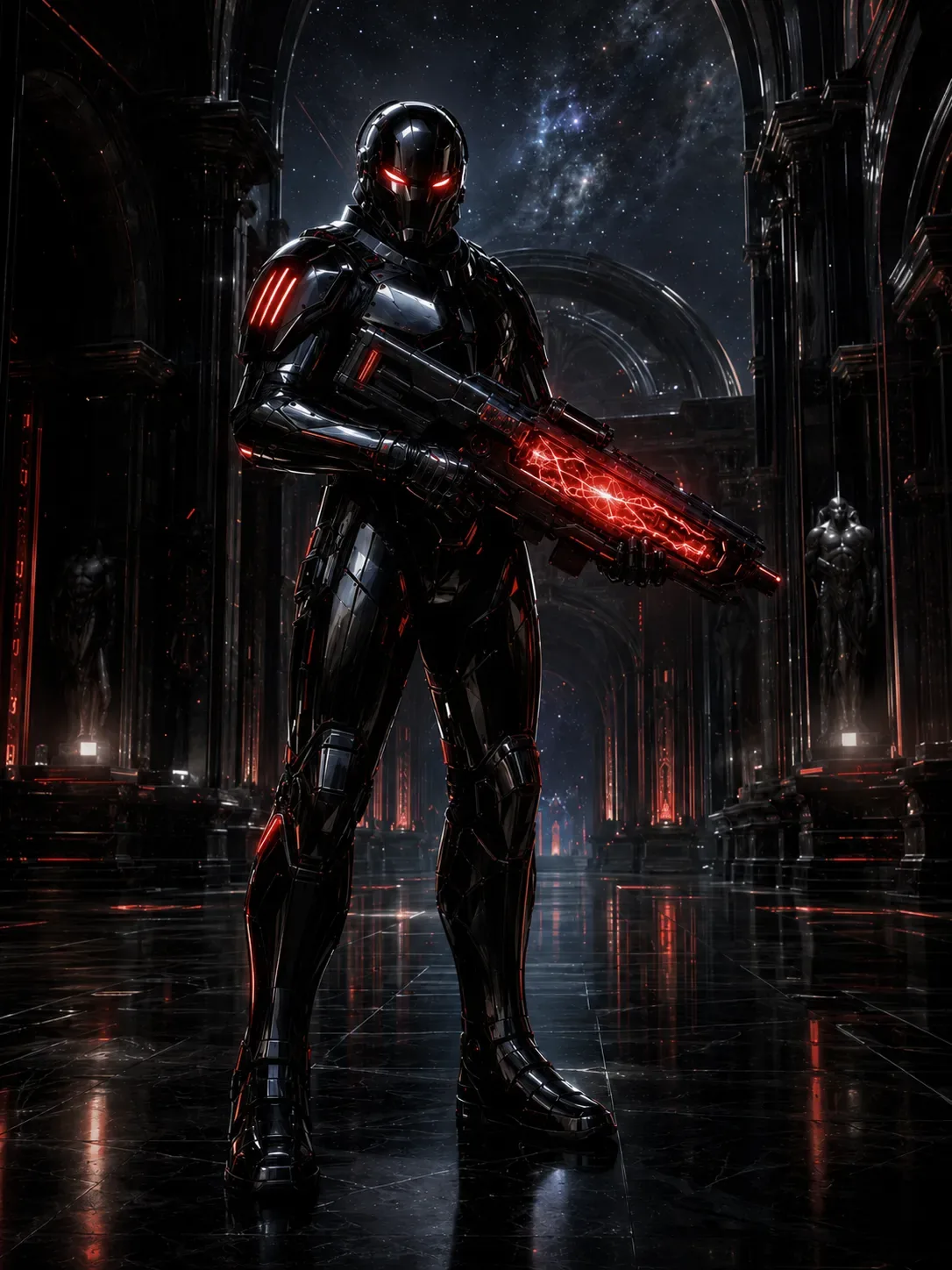 A Sabre legionnaire in black armor with a glowing red visor and a red-energy rifle, standing in a cathedral-like hall under a starry sky
