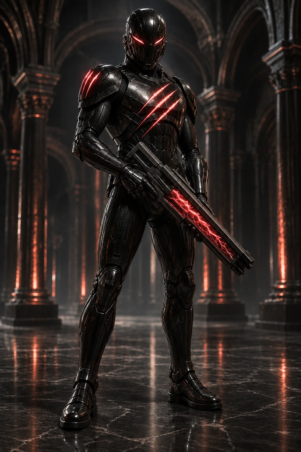 A Sabre Legionnaire in black segmented armor with red lenses, three red slashes across the chest and a crimson plasma rifle