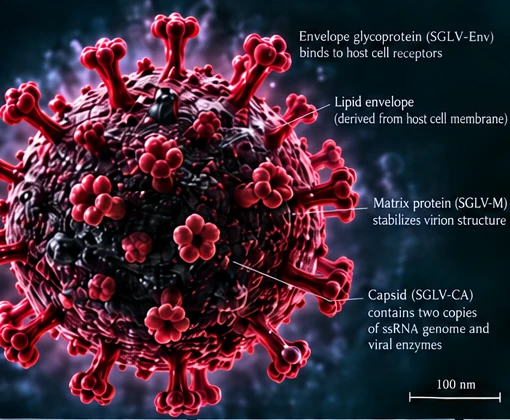 A rendered Sanguinis Lux virion: a dark spherical particle studded with red, club-shaped envelope proteins, labeled envelope glycoprotein, lipid envelope, matrix protein and capsid, with a 100 nanometer scale bar