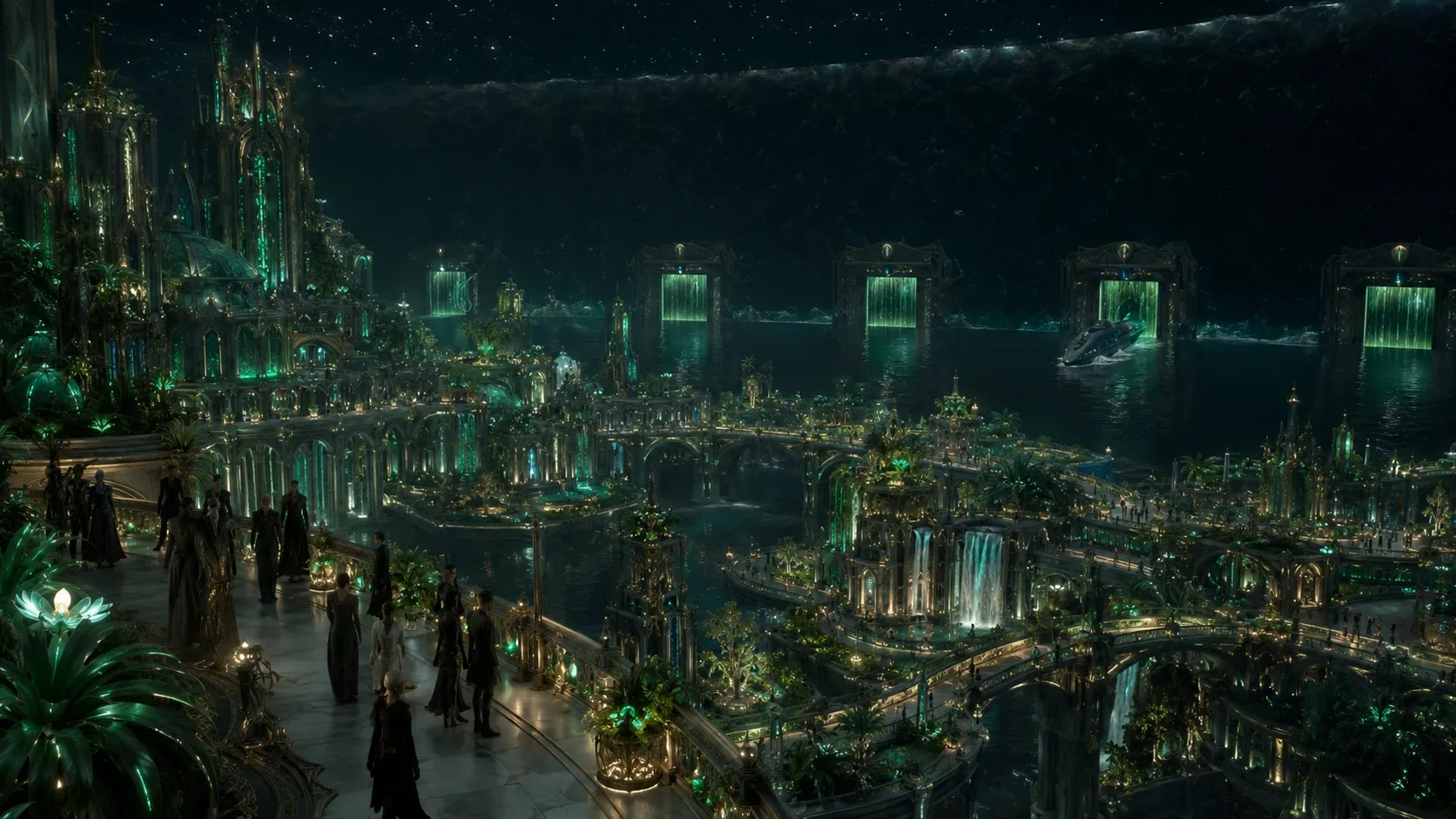 The garden terraces and sea‑gates of Seraphel beneath a star‑lit sky