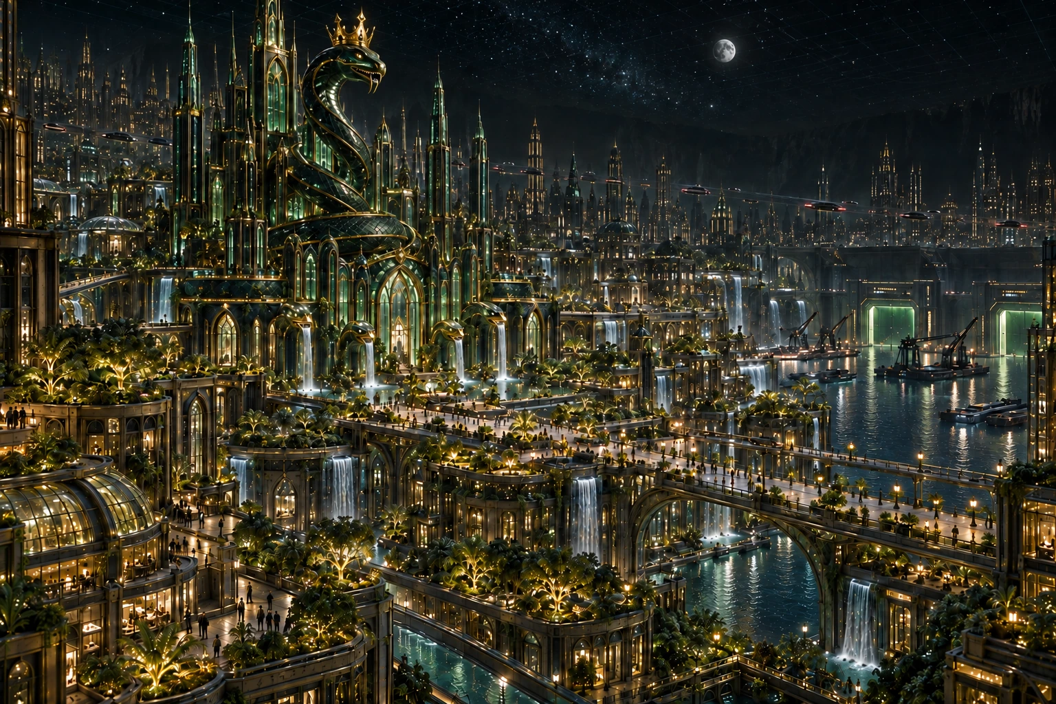The garden city skyline of Seraphel — terraces, waterfalls and glowing groves beneath the cavern sky