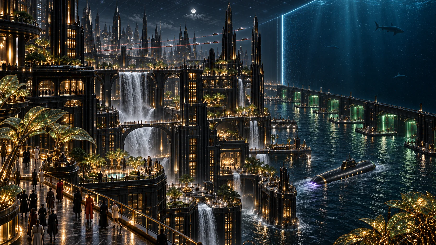 The sea-gates of Seraphel — the black-and-gold city's garden terraces and waterfalls beside the ocean wall, a submarine liner under way in the harbor and sharks in the Atlantic beyond the glass, beneath a projected night sky
