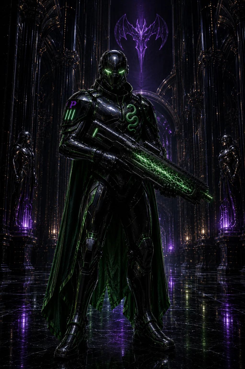 A Praetorian of the Serpent's Guard — black armor with green serpent crest and green-lit rifle, the violet P on his shoulder
