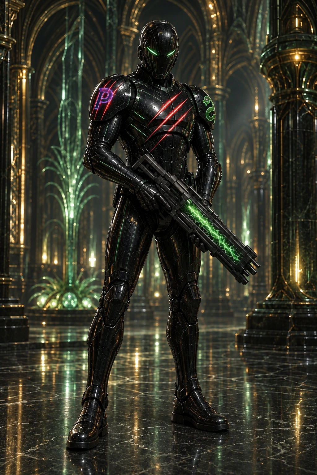 A Praetorian of the Serpent's Guard — black armor with green serpent crest and green-lit rifle