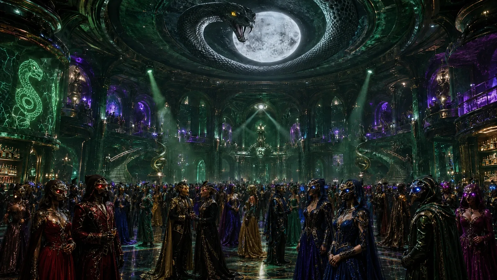 The masked Serpent's Court gathered in revel beneath synthetic gardens