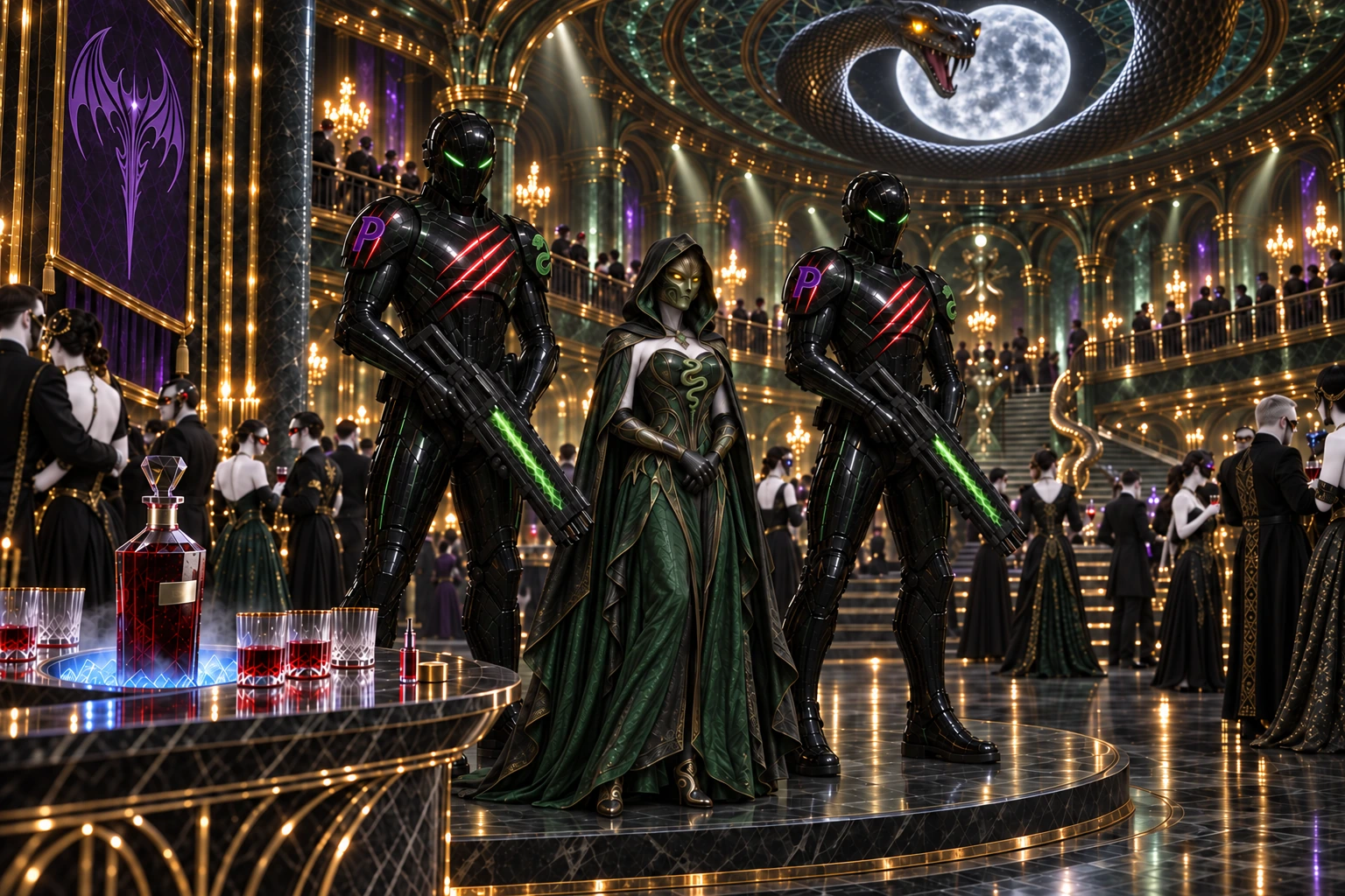 The masked Serpent's Court gathered in revel beneath a great serpent coiled around a moon, green-armored Praetorians among the guests