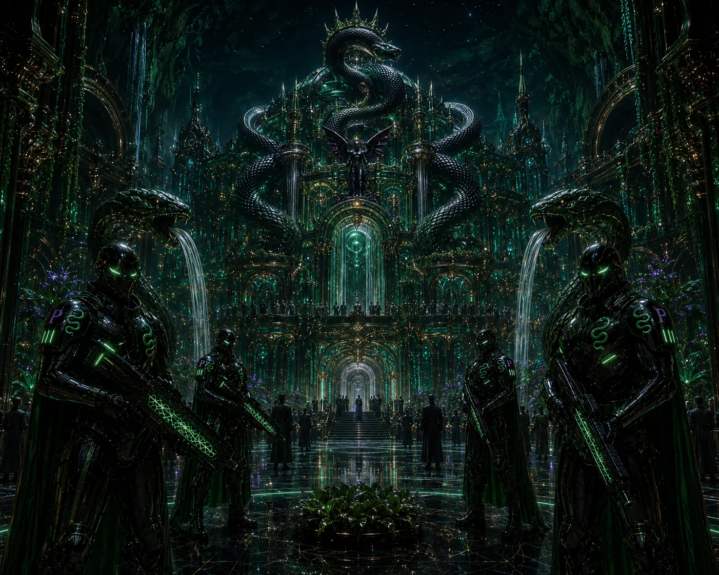 The serpent-crowned palace of Seraphel, guarded by green serpent-liveried Praetorians